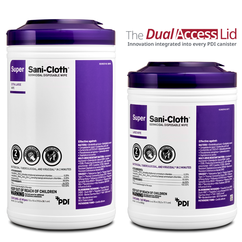 PDI SUPER SANI-CLOTH® GERMICIDAL DISPOSABLE WIPES 6" x 6¾" Large Wipe 160/canister Case of 12