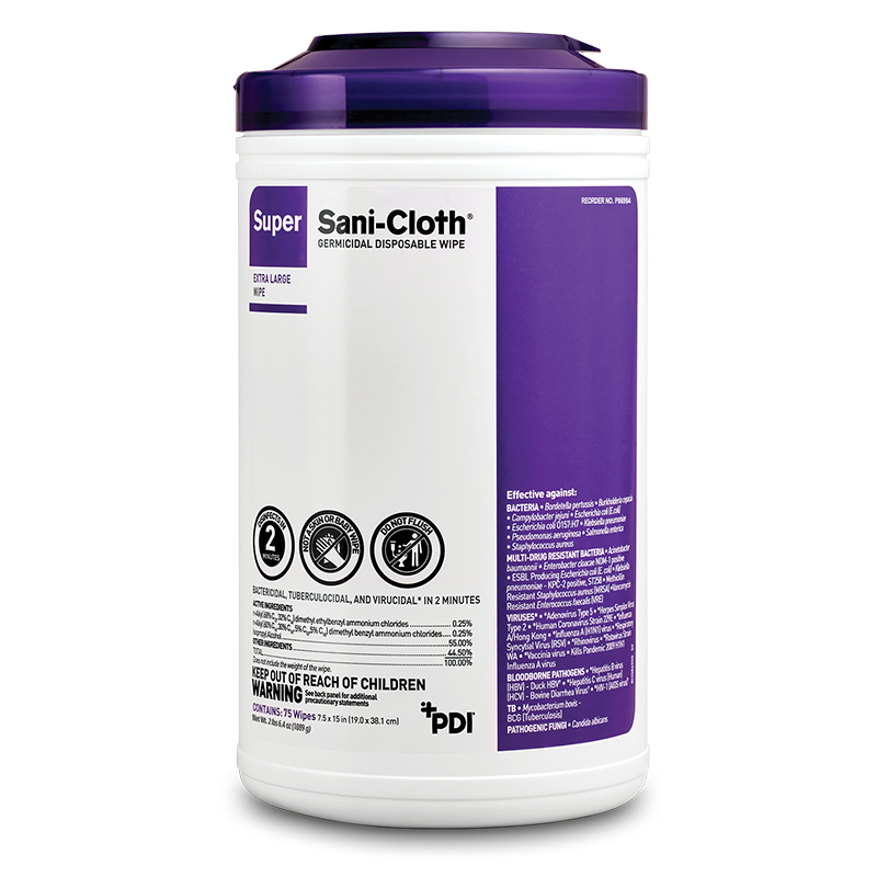 PDI SUPER SANI-CLOTH® GERMICIDAL DISPOSABLE WIPES 7½" x 15" X-Large Wipe 75/canister Case of 6