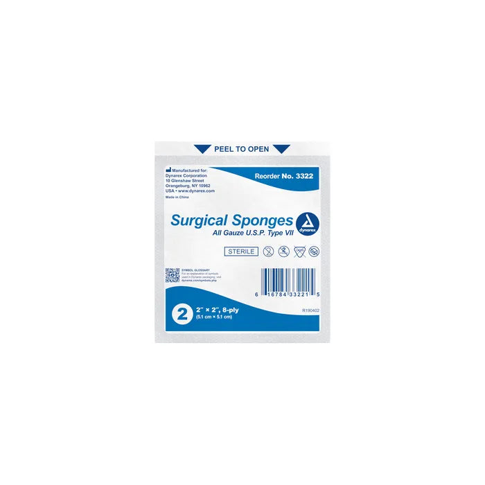 Dynarex Sterile Gauze Sponges, 2 per pack, 2" x 2", 8 Ply