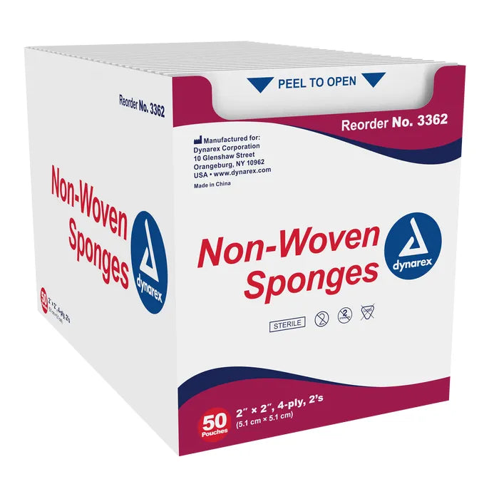 Dynarex Non-Woven Sponges, 2 per Sterile Pack, 4 ply, Various Sizes, Various Quantities