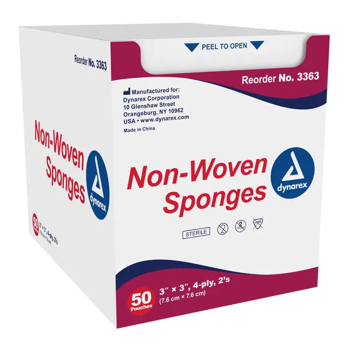 Dynarex Non-Woven Sponges, 2 per Sterile Pack, 4 ply, Various Sizes, Various Quantities