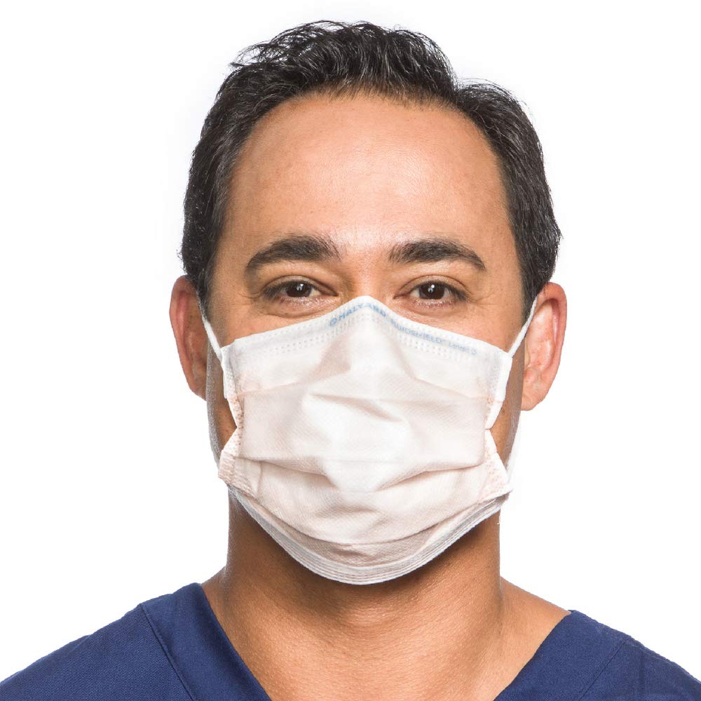 Image of a model wearing an orange pleated Level 3 procedure mask.